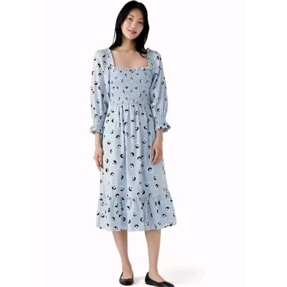 Kate Spade Sz XS Floral Dot Smocked Midi Dress Blue Puff Sleeve NWOT Cottagecore